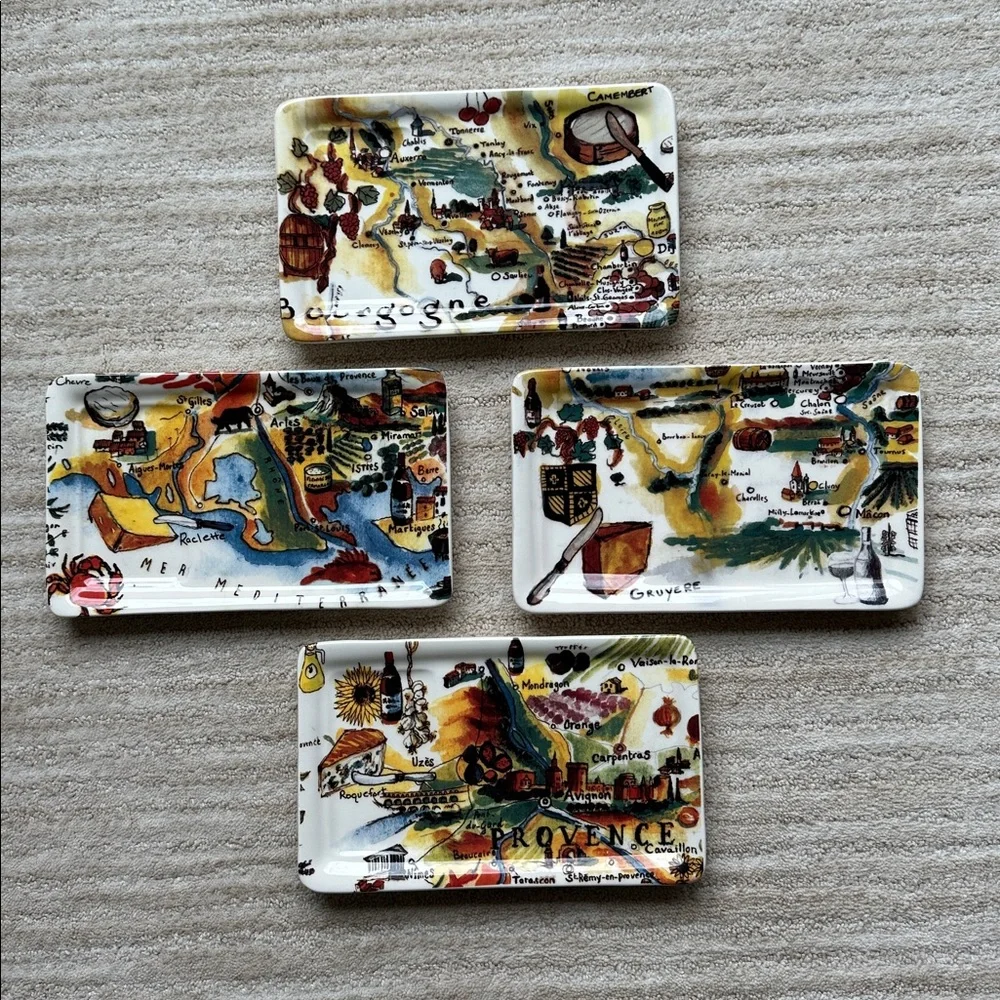 Set of 4 Williams Sonoma Marc Lacaze Wine Pairing Series Appetizer Plates Cheese